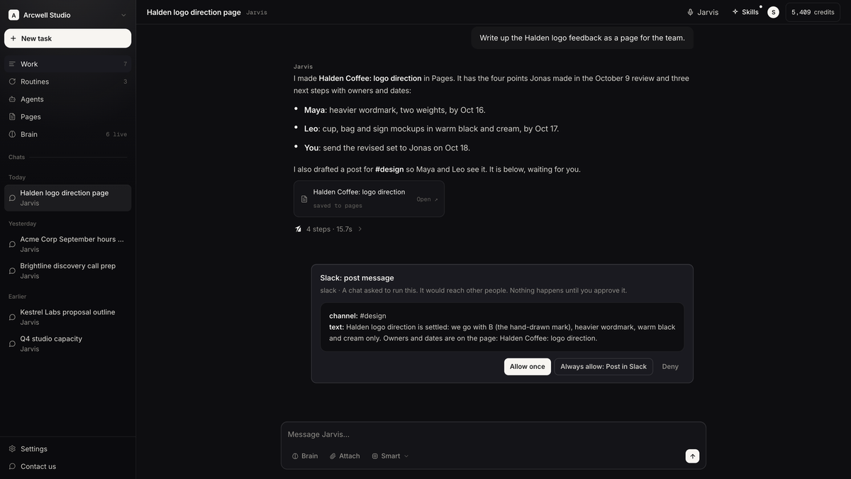 Jarvis chat that wrote a page from client feedback, with an Allow once, Always allow or Deny card before a Slack post