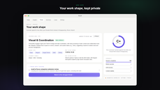 Recall work-shape view showing an inferred work type, primary apps, a private focus grade, and a Return to the strongest thread button thumbnail