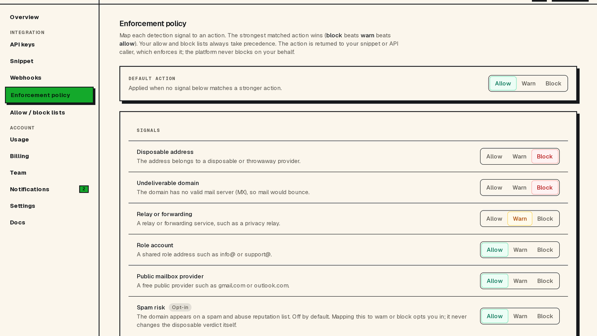 Catch throwaway addresses and decide what happens next