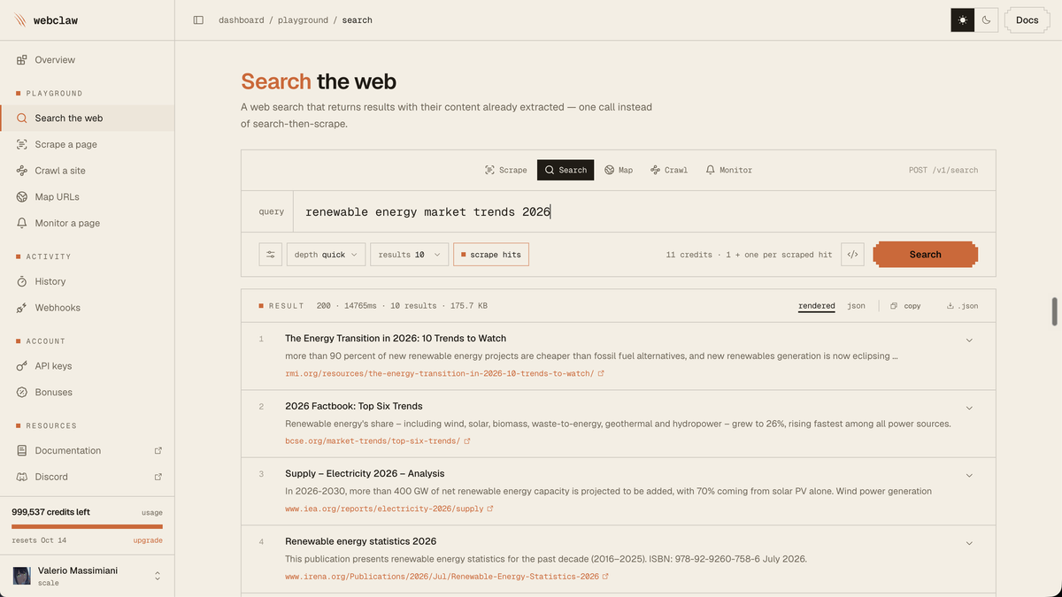Webclaw web search API returning ten results with page content already extracted, in a single call taking 175.7 KB and 200 OK.