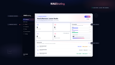 NNEBriefing agency dashboard: workspace overview, client and portal metrics, portal pipeline by status, briefing completion rate, and recent portal activity. thumbnail