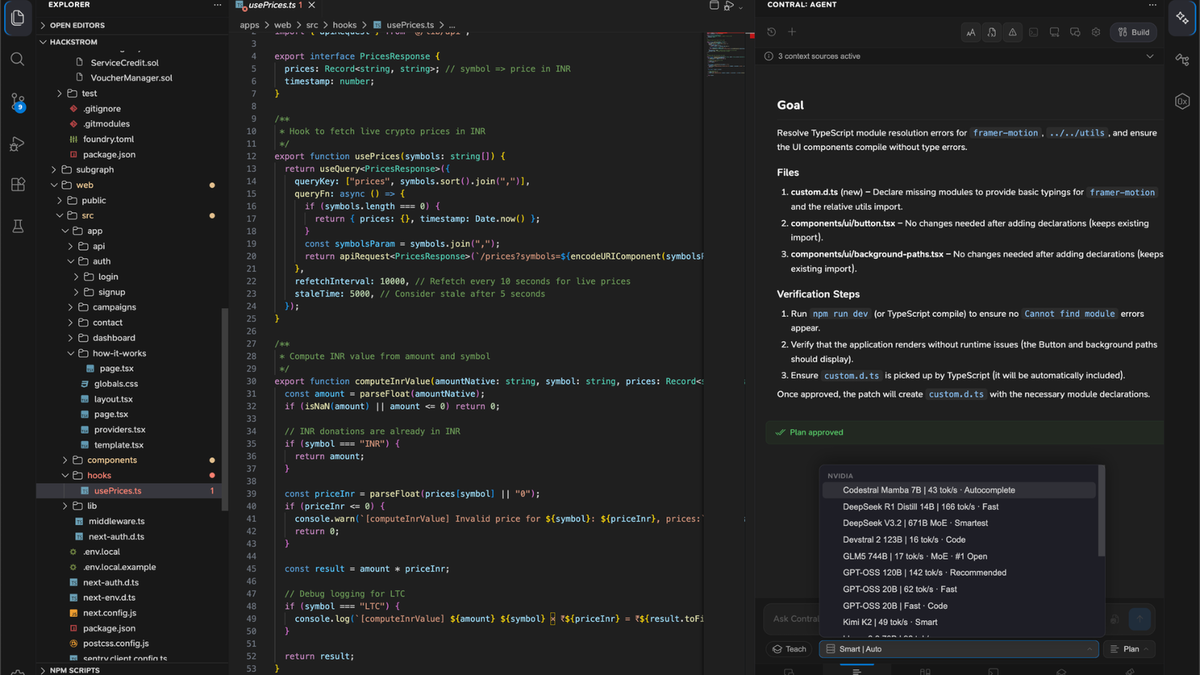Build Mode: Contral Build Mode with an AI coding agent analyzing the codebase, creating an execution plan, and assisting with implementation.