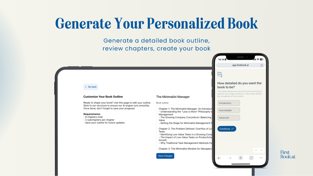 FirstBook AI interface showing a personalized book outline with chapter-by-chapter controls