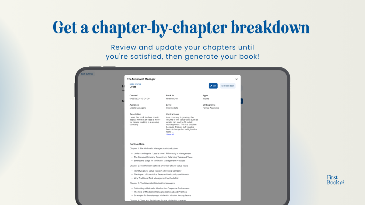FirstBook AI interface showing a chapter-by-chapter book breakdown ready for review