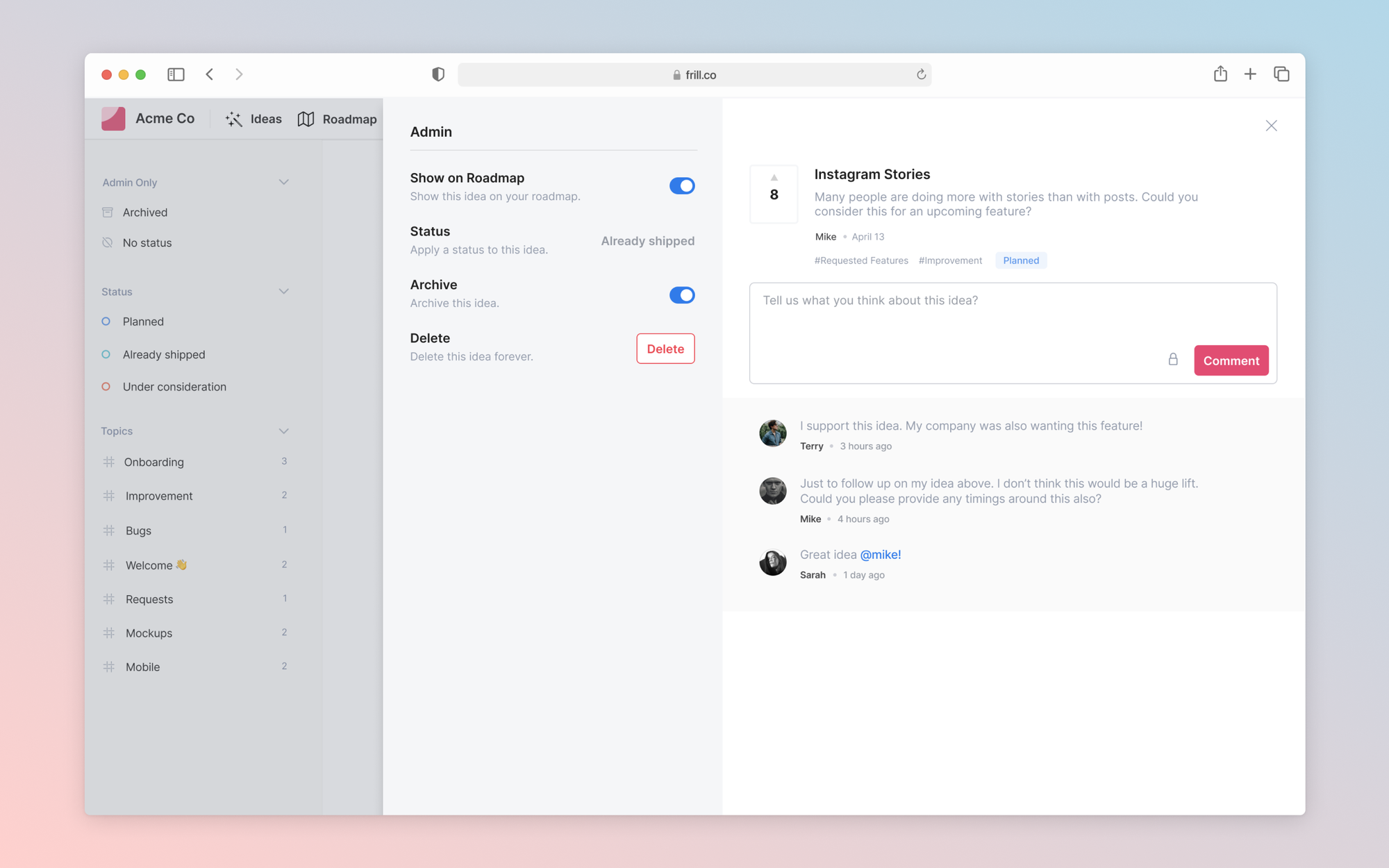 Customer feedback dashboard with comment box