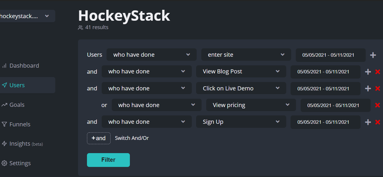 Filtering on user dashboard