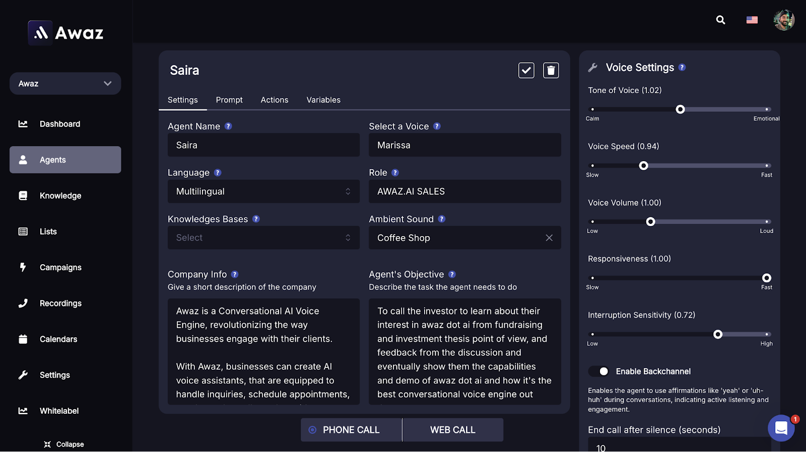 AI agent voice settings