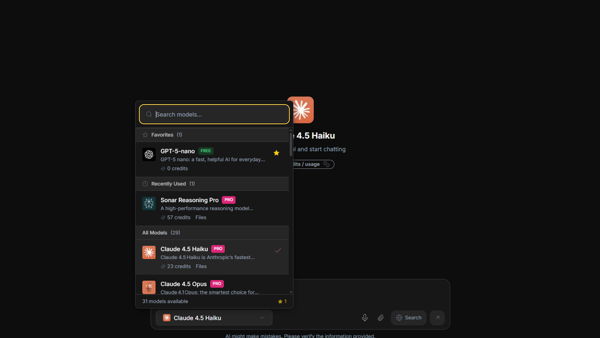 Model selection interface
