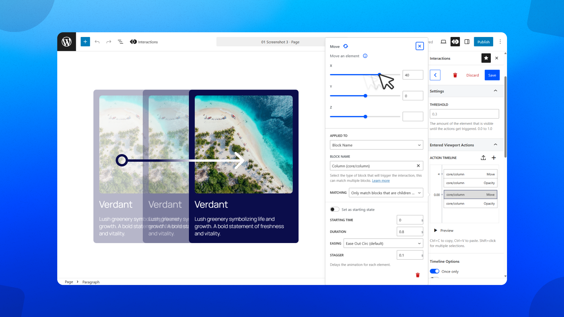 Interactions visual timeline builder showing animation keyframes