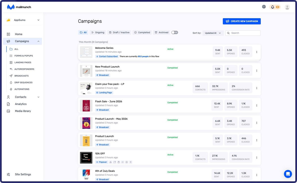 Campaign list with performance metrics