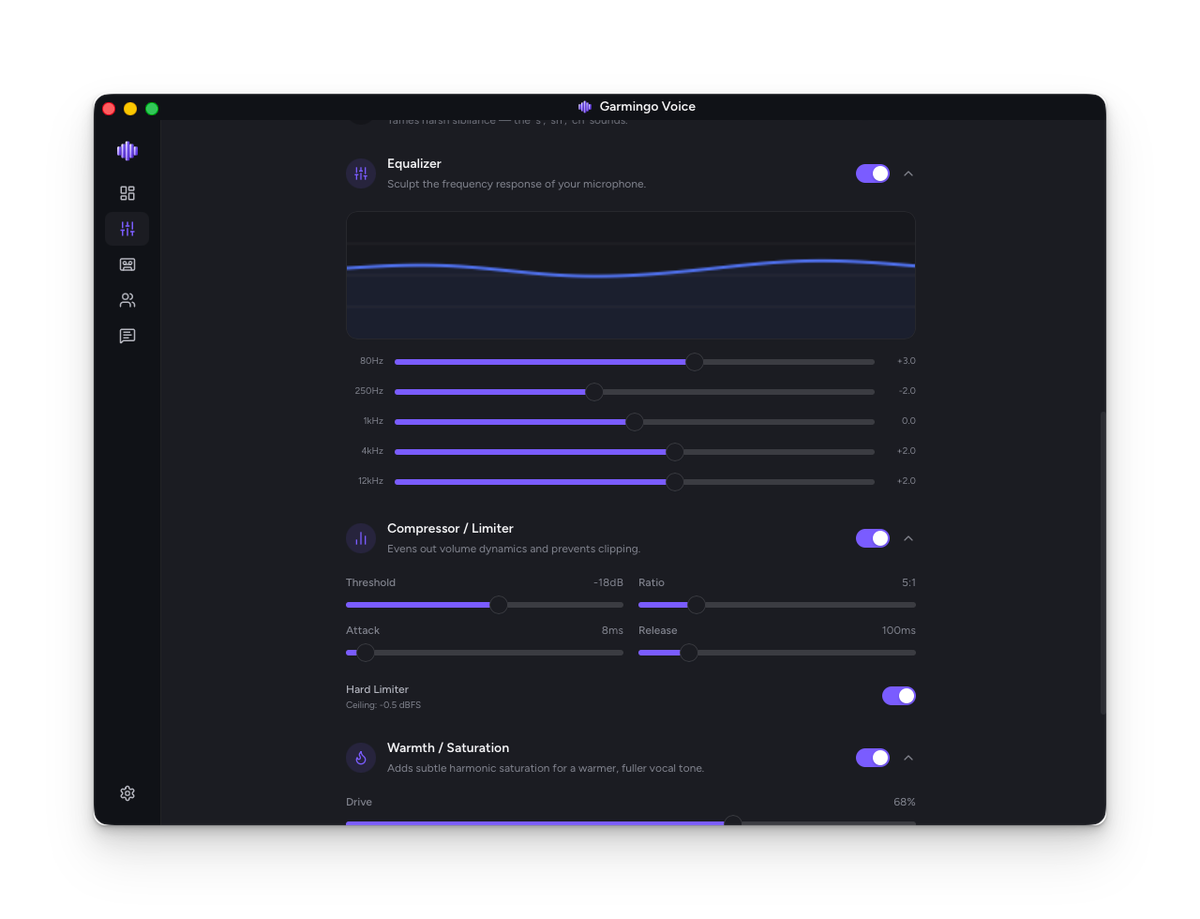 Audio EQ and compressor settings