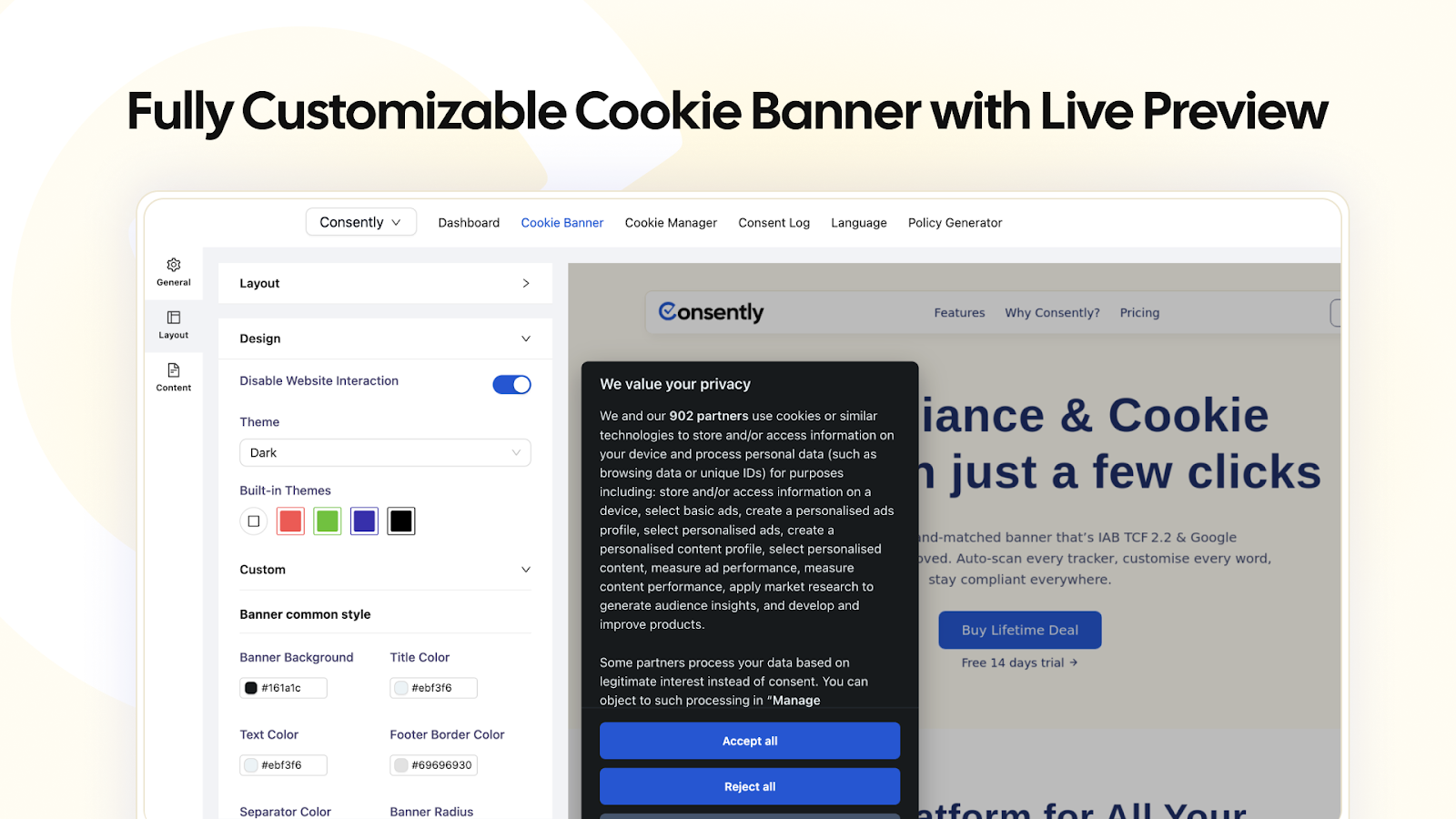 Cookie banner customization options