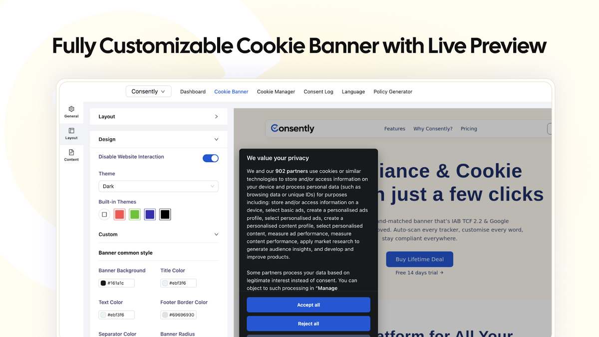 Cookie banner customization options
