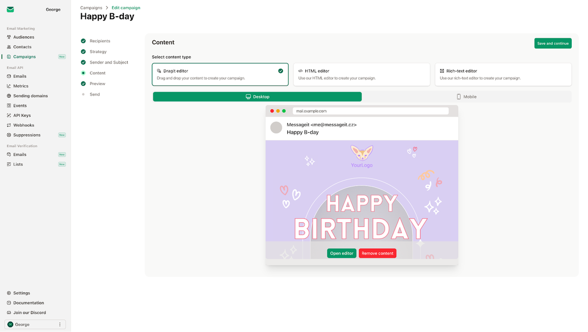 Start sending in minutes