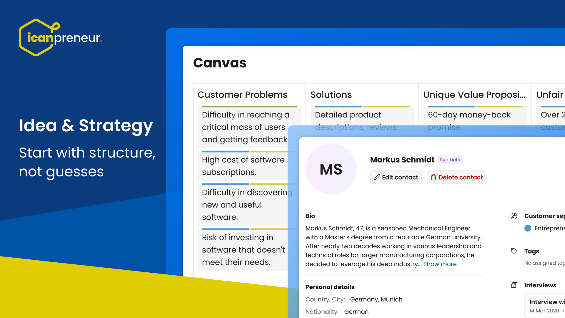 Icanpreneur Lean Canvas builder showing startup validation framework