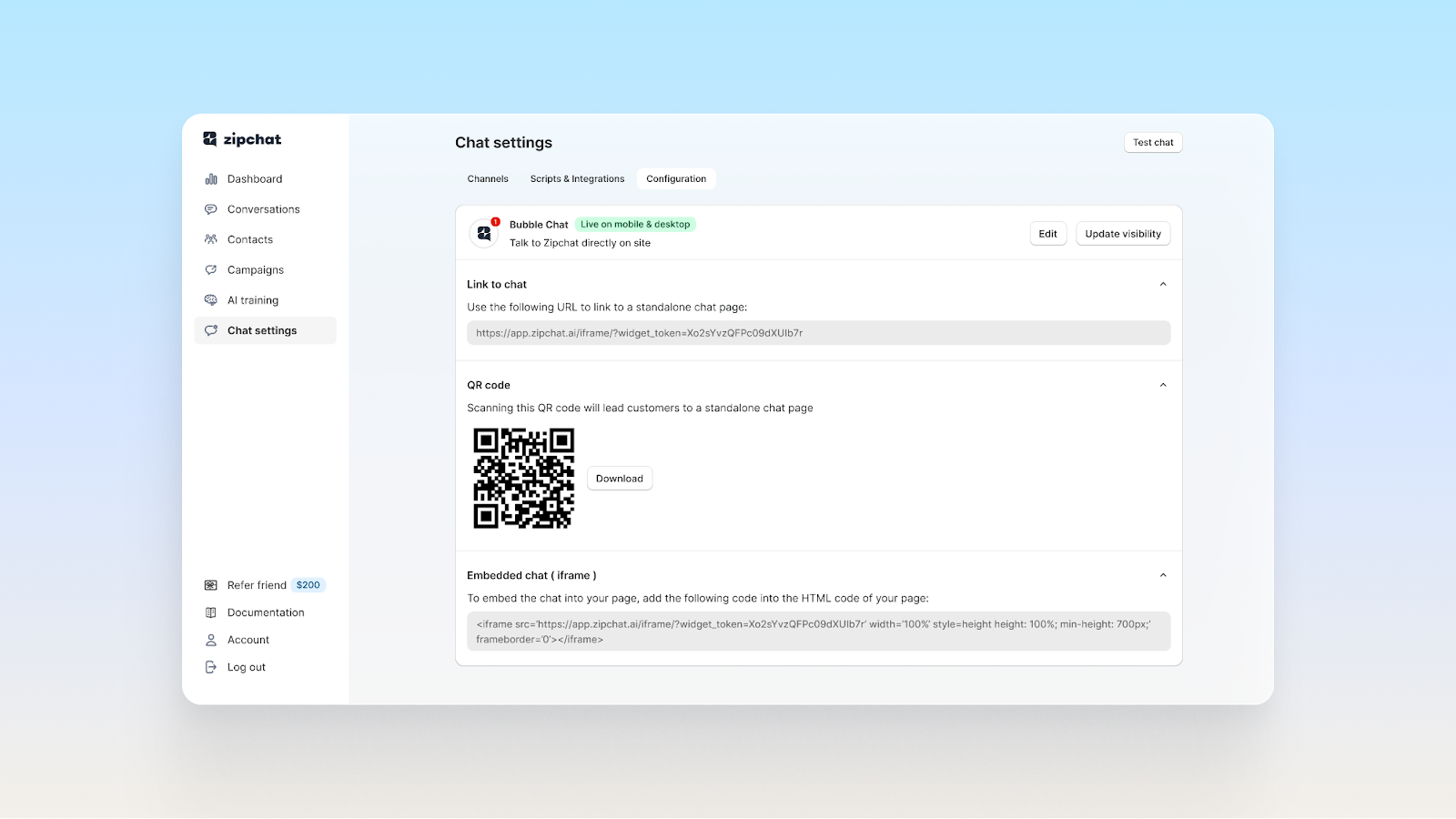 Configure chat on different channels