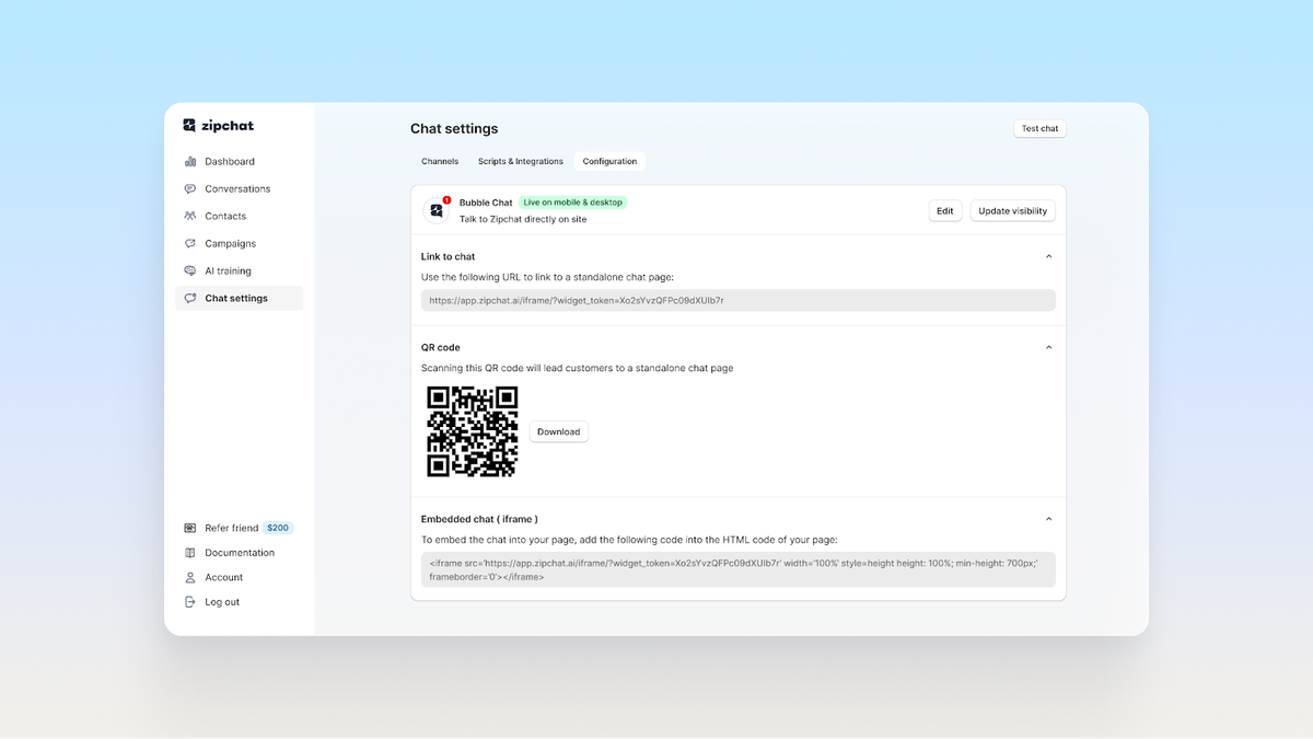 Configure chat on different channels