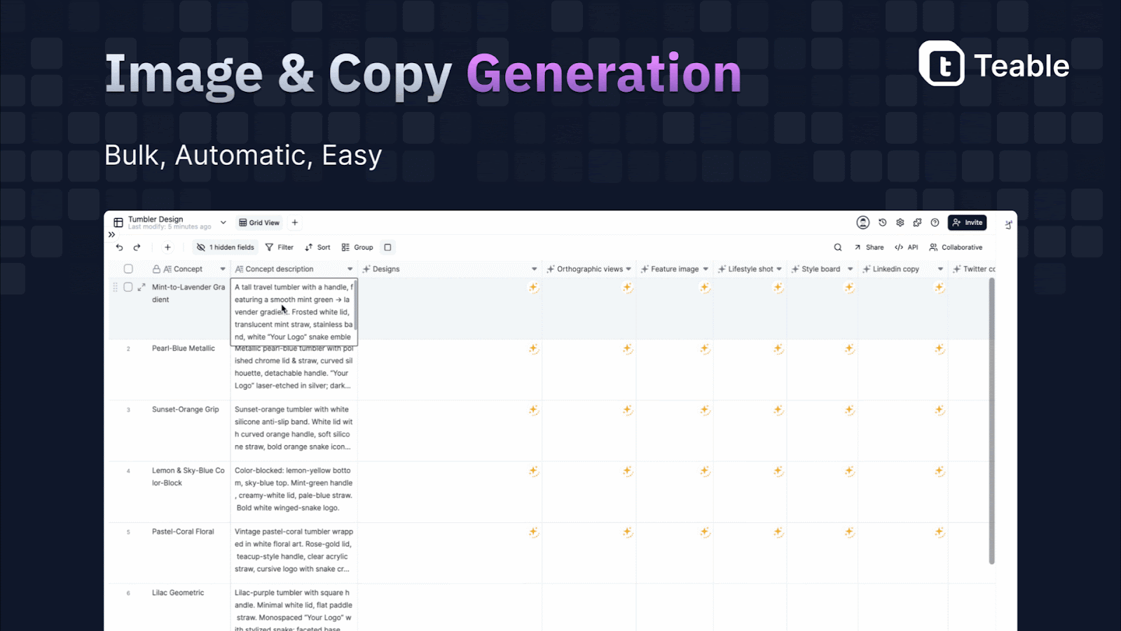 Teable AI fields batch content generation β image and copy generation from database records marketing automation
