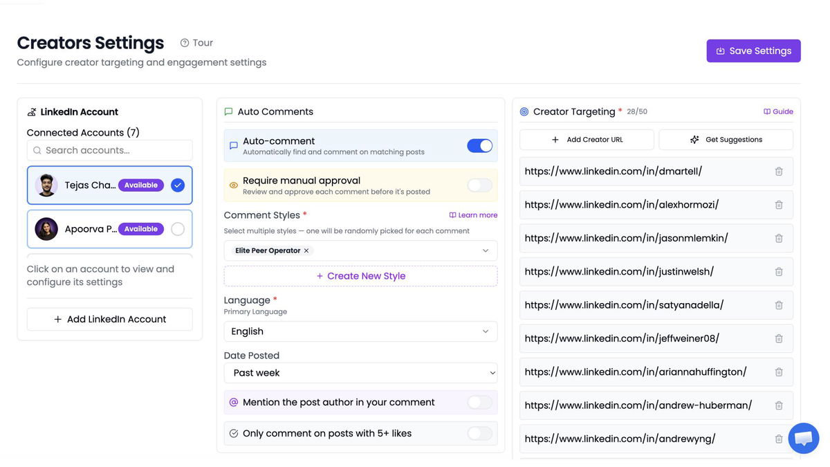 Creators settings