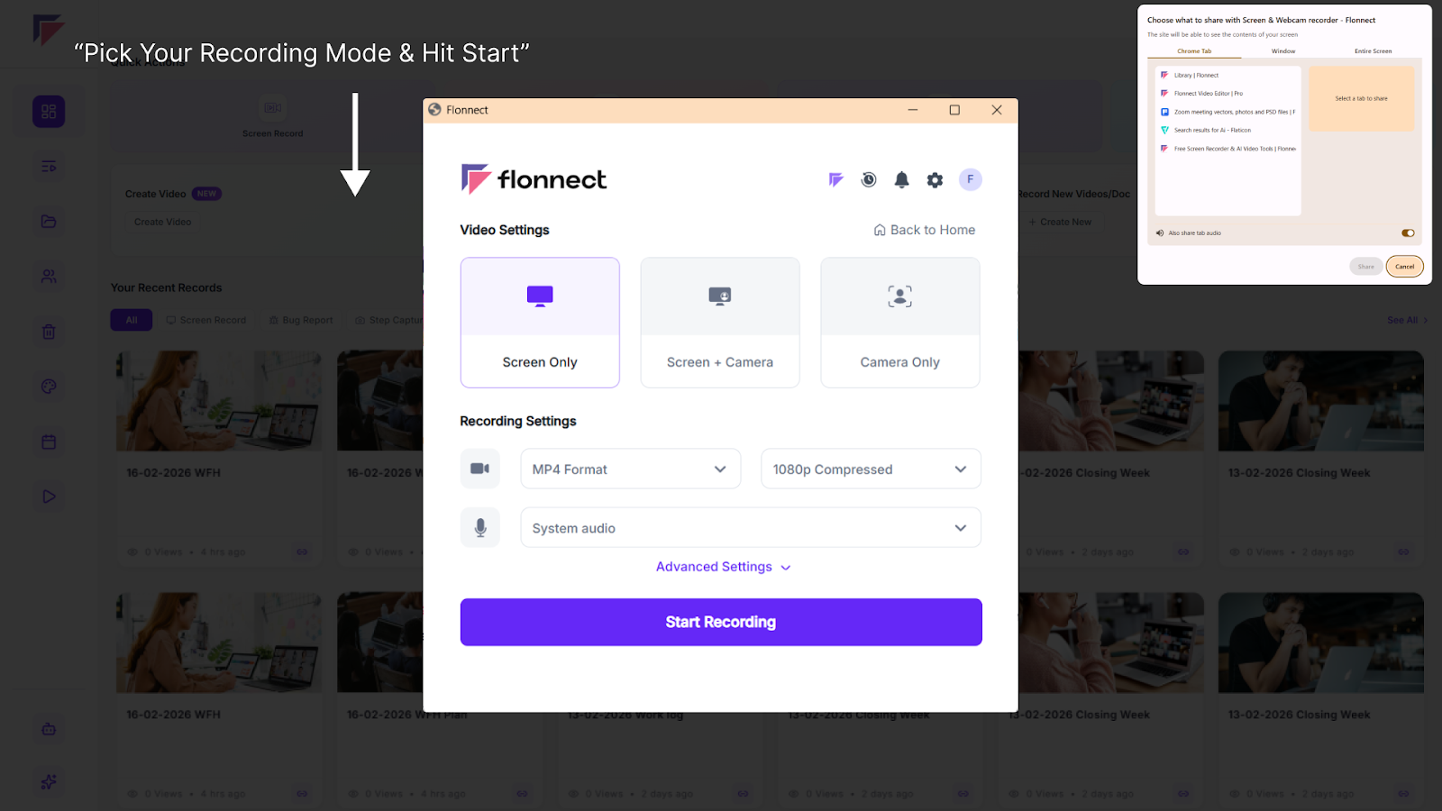 Screen recording options and settings