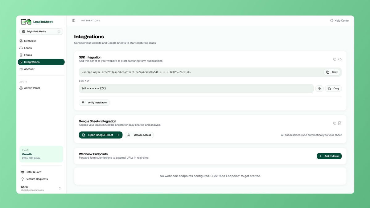 Integrations page