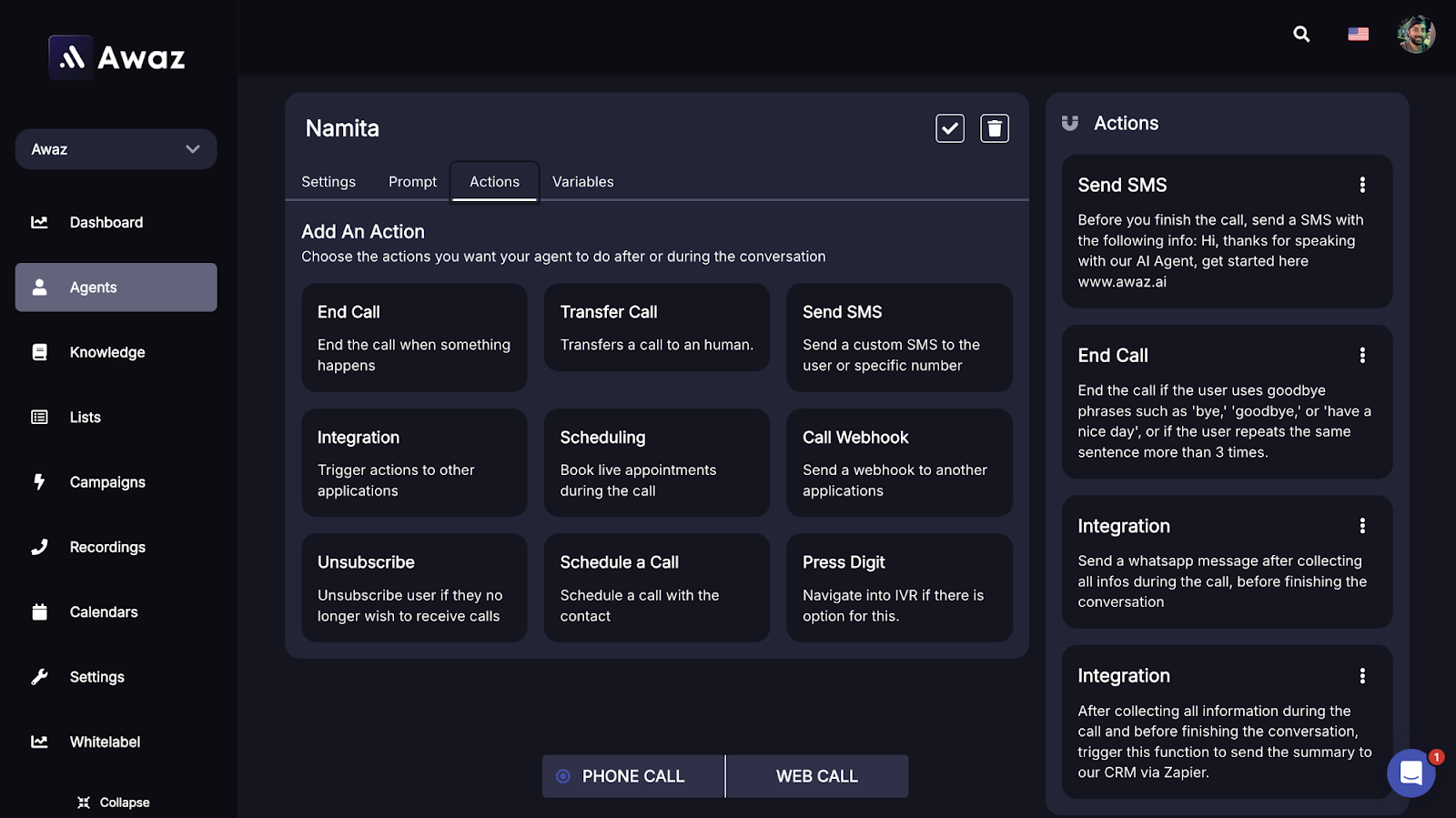 AI agent action settings