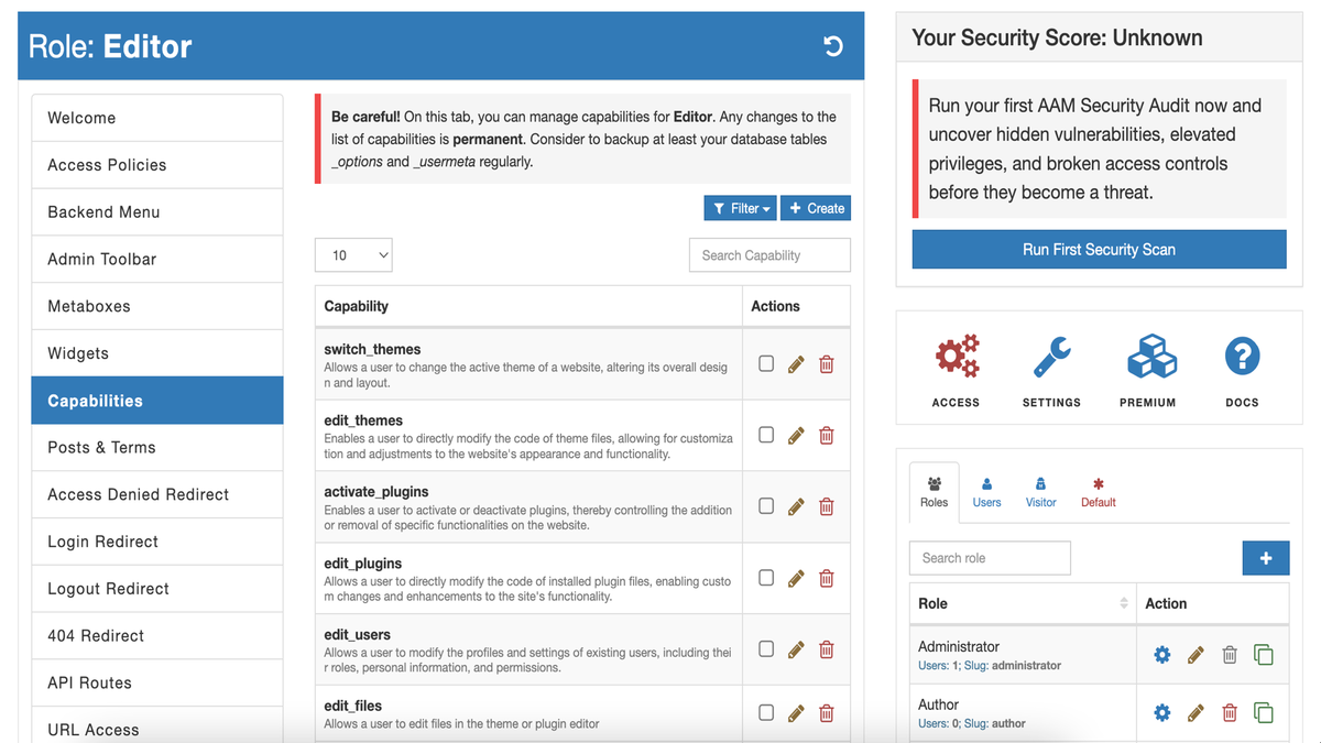 Role-based access control settings