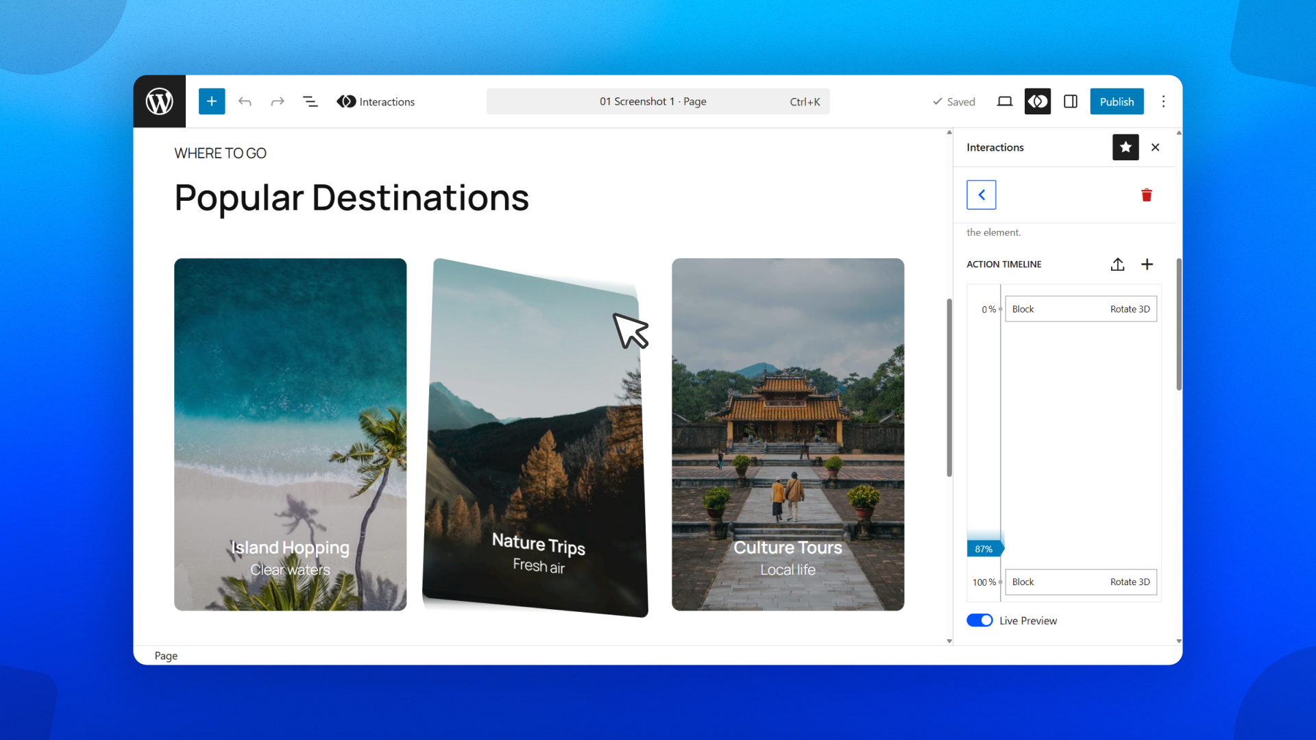 Interactions trigger and action configuration panel
