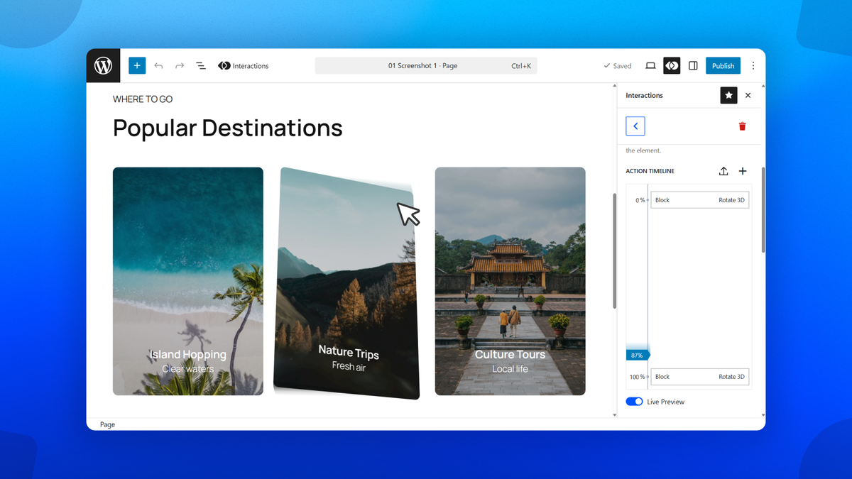 Create interactions with the visual timeline