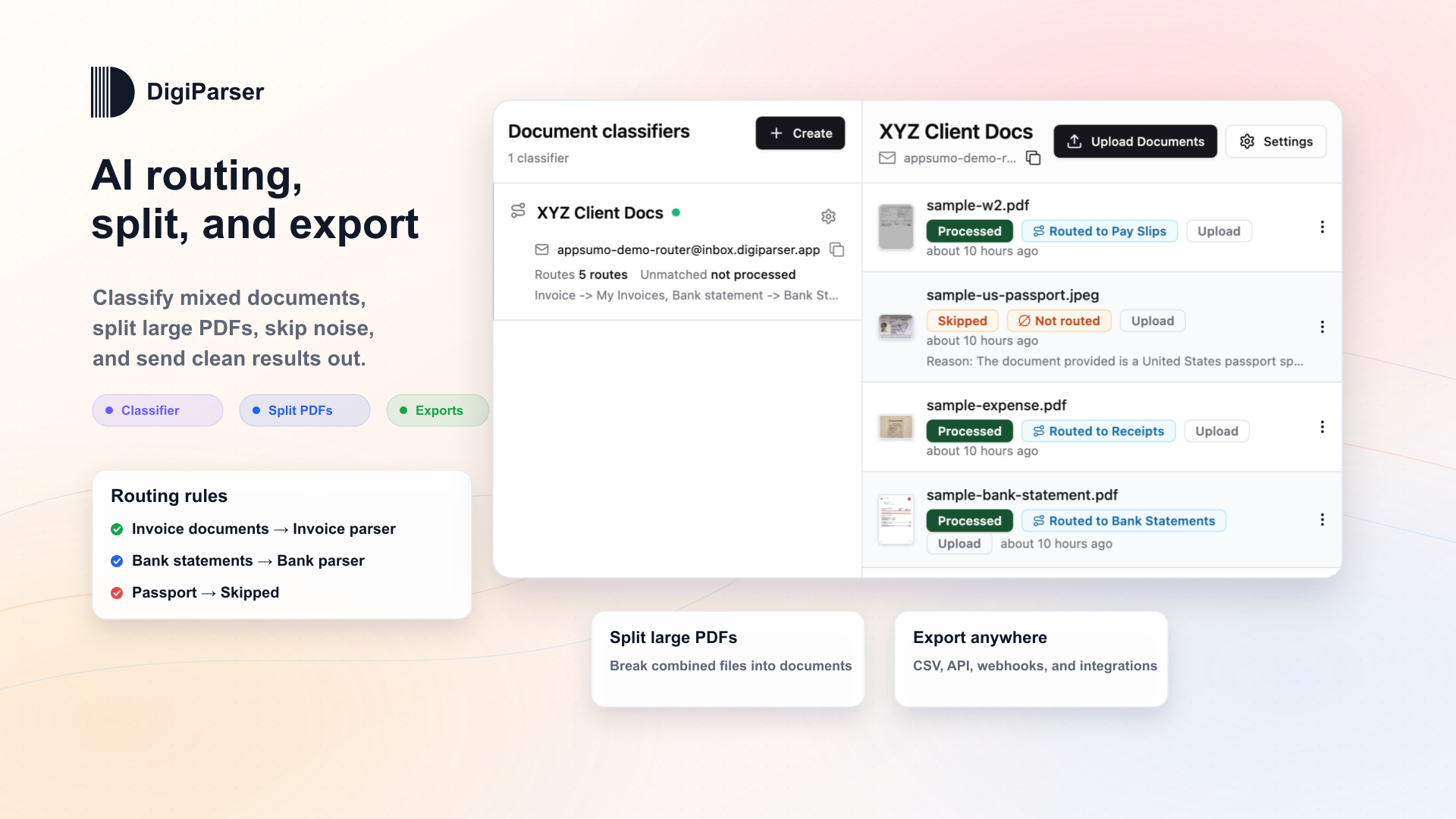 AI routing, split, and export