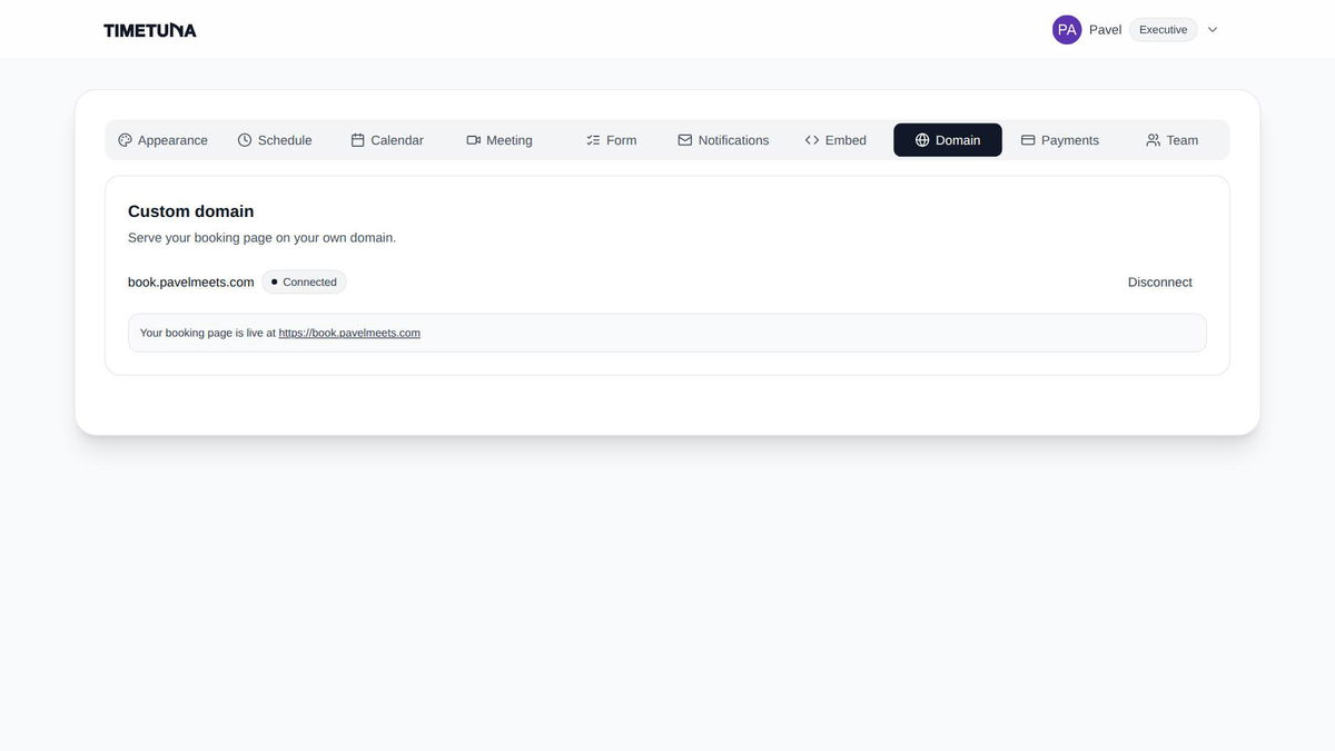 TimeTuna custom domain settings screen