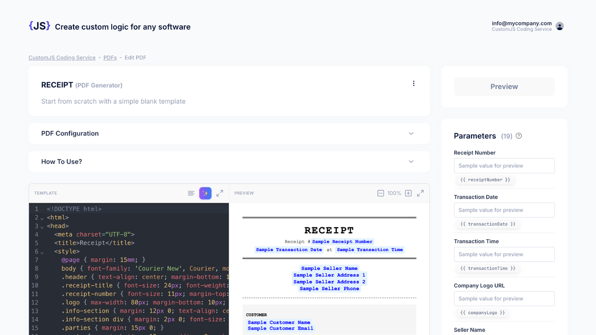 PDF generator template and preview