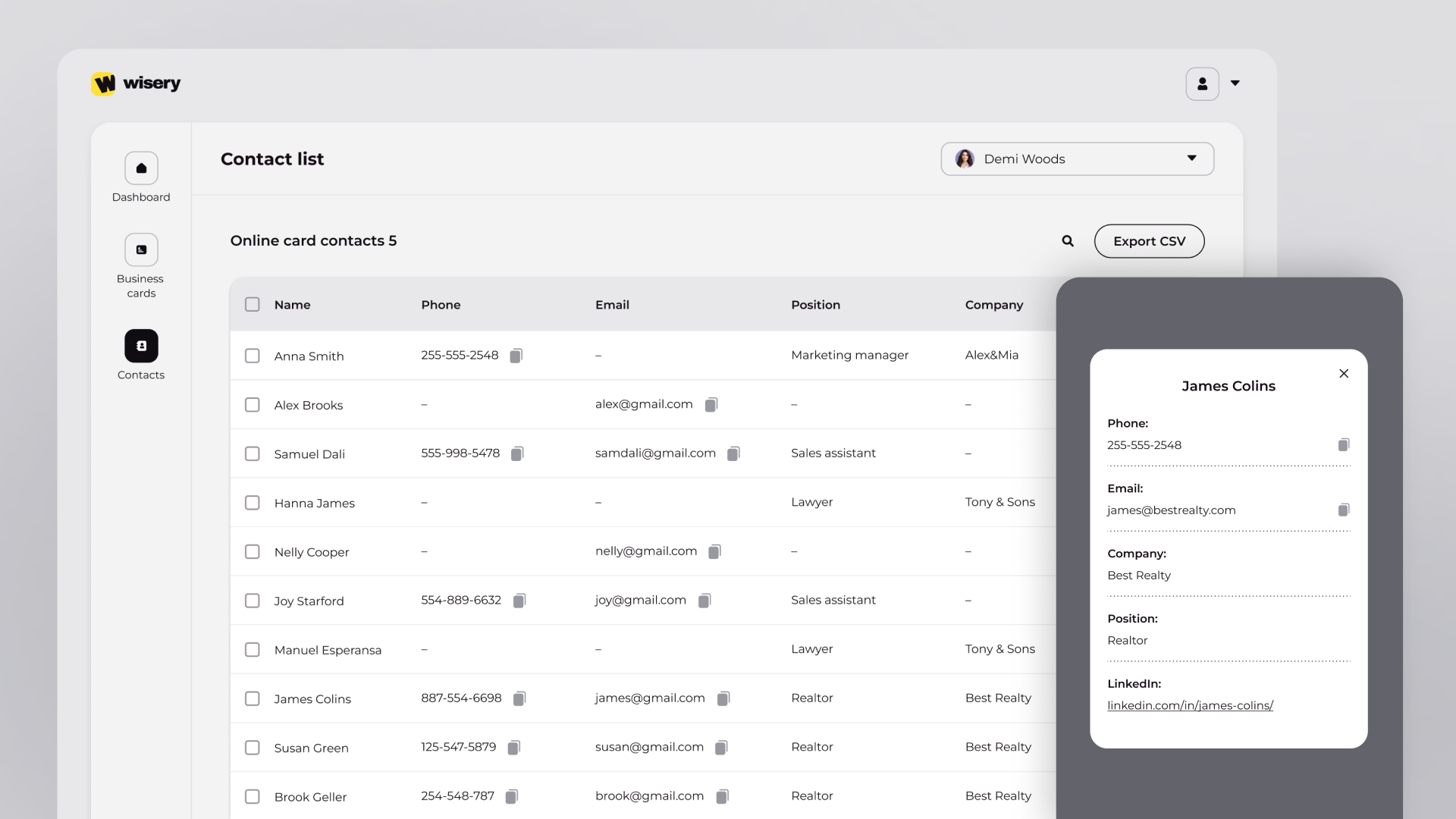 Contact list dashboard