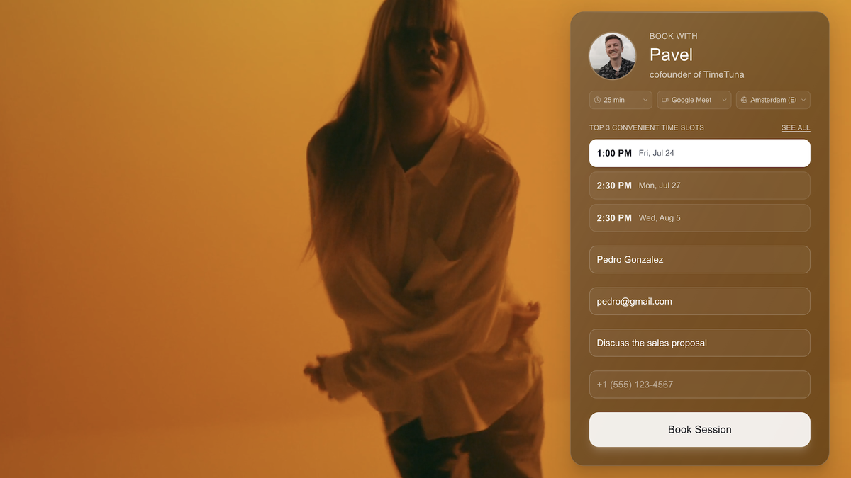 Build branded scheduling pages with video backgrounds, custom domains, and real-time calendar sync