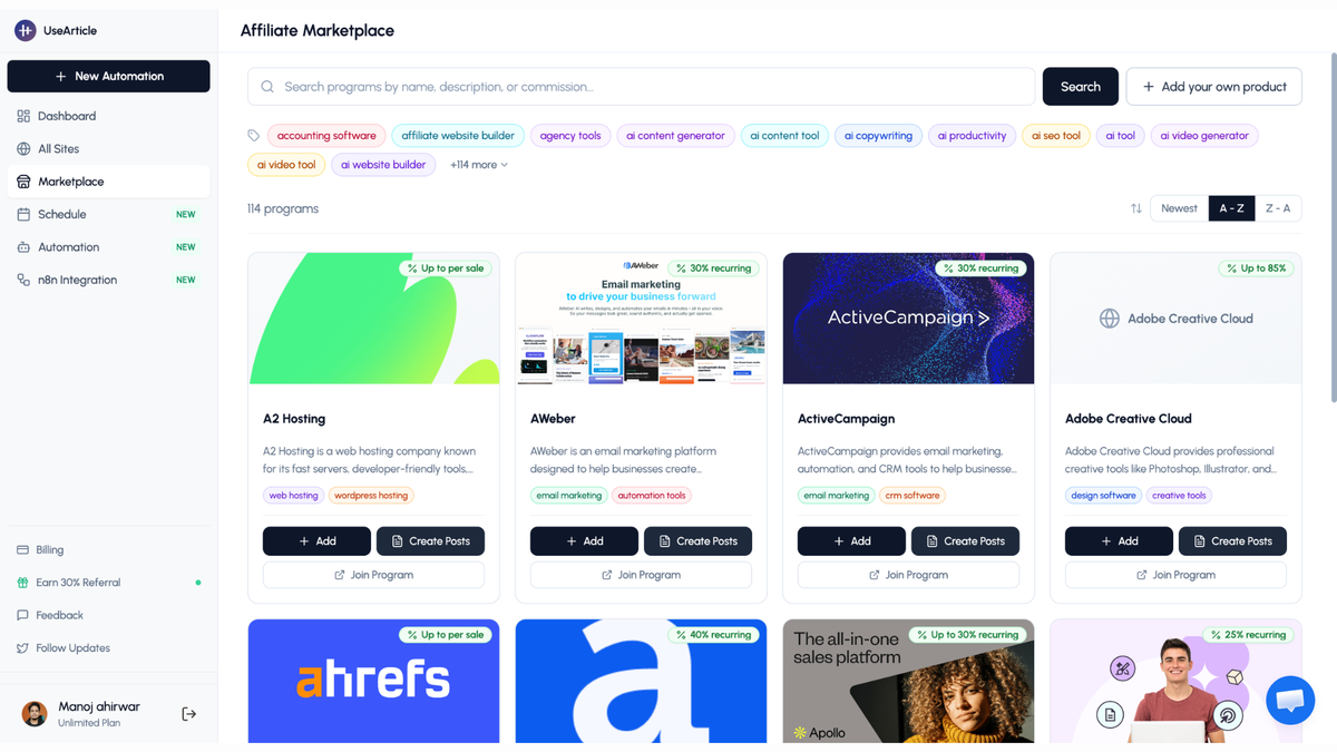 Affiliate marketplace and program picks