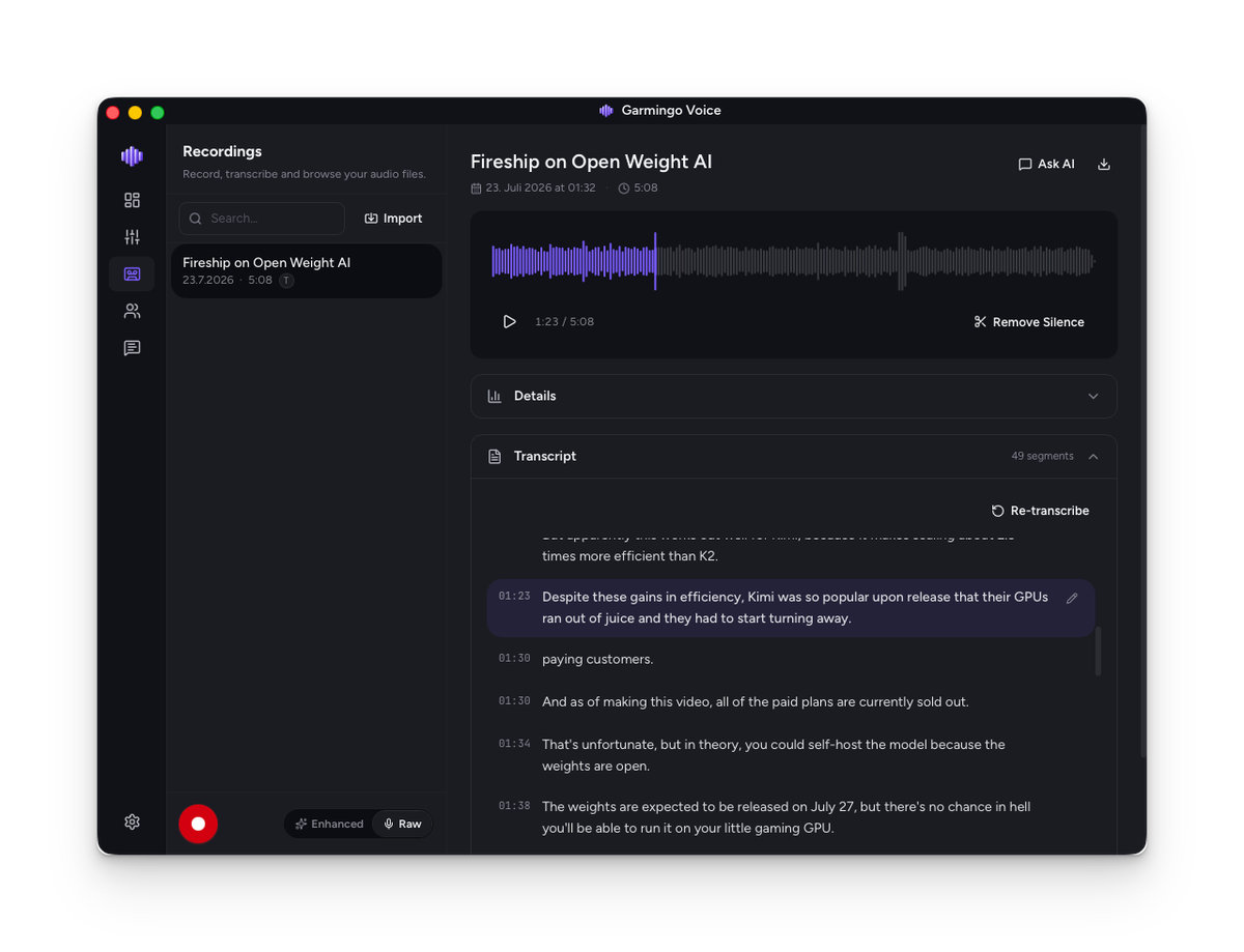 Recordings with transcript timeline