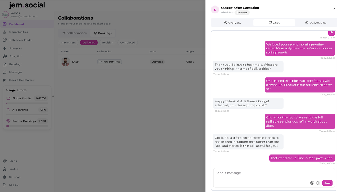 Chat and offers for active bookings