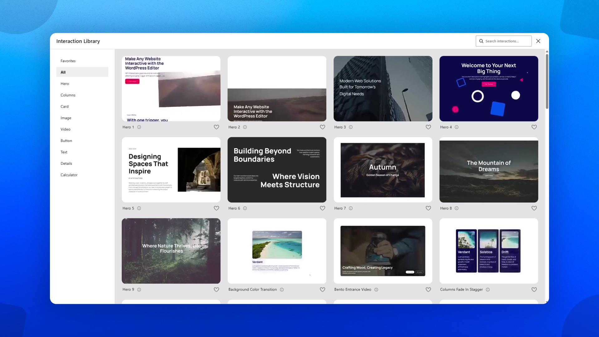 Interactions pre-made library showing scroll effects and hover reveals