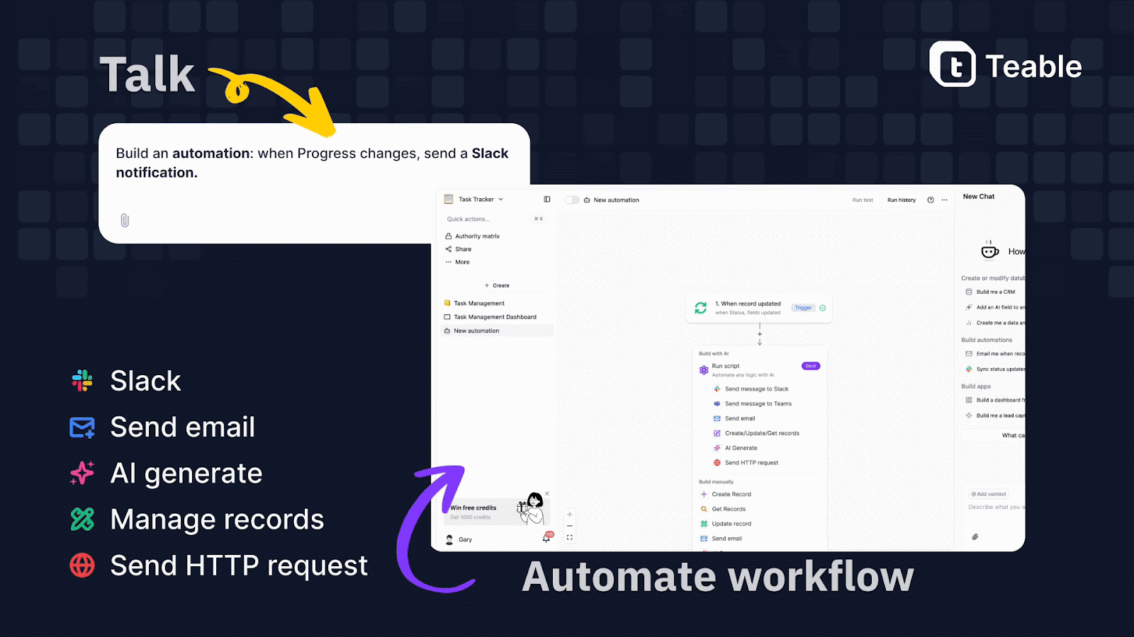 Teable automated workflows β talk to automate no-code automation triggers actions send email update record