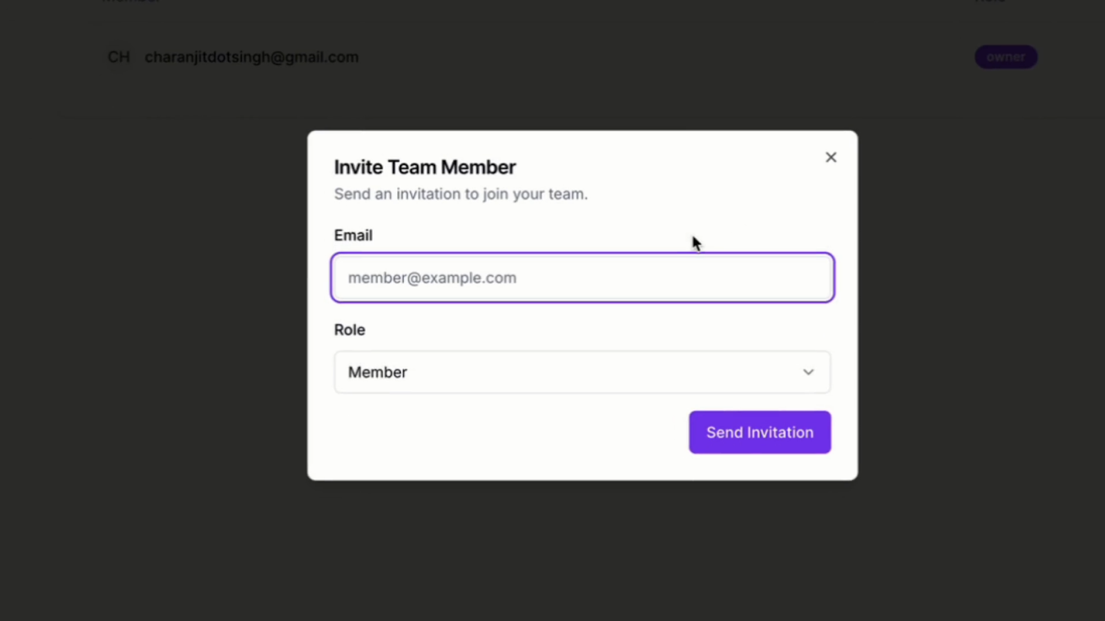 Invite team members interface
