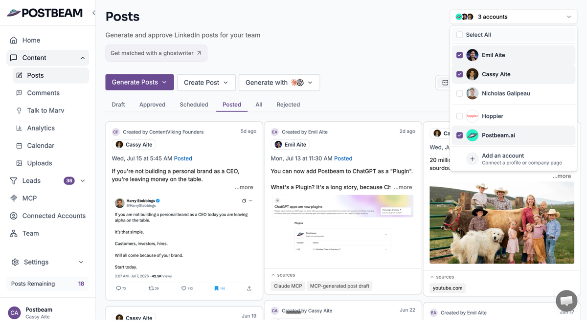 Generate on-brand LinkedIn content and automatically surface warm leads from every post engagement