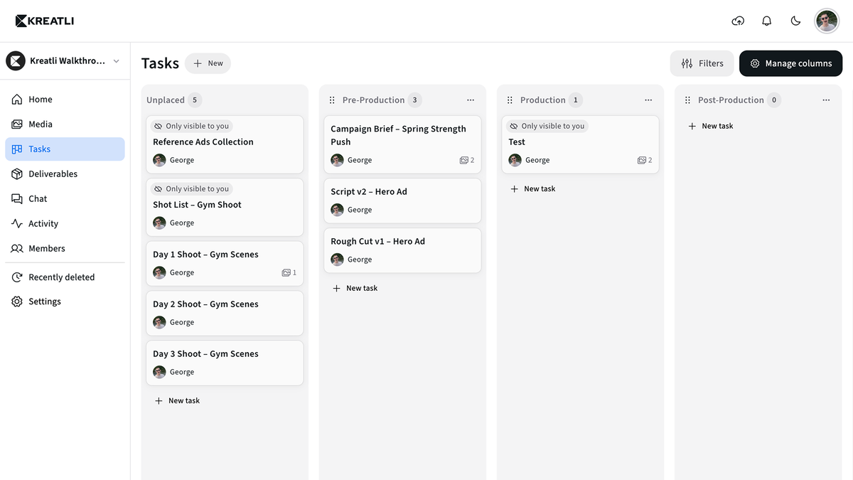 Main dashboard with tasks