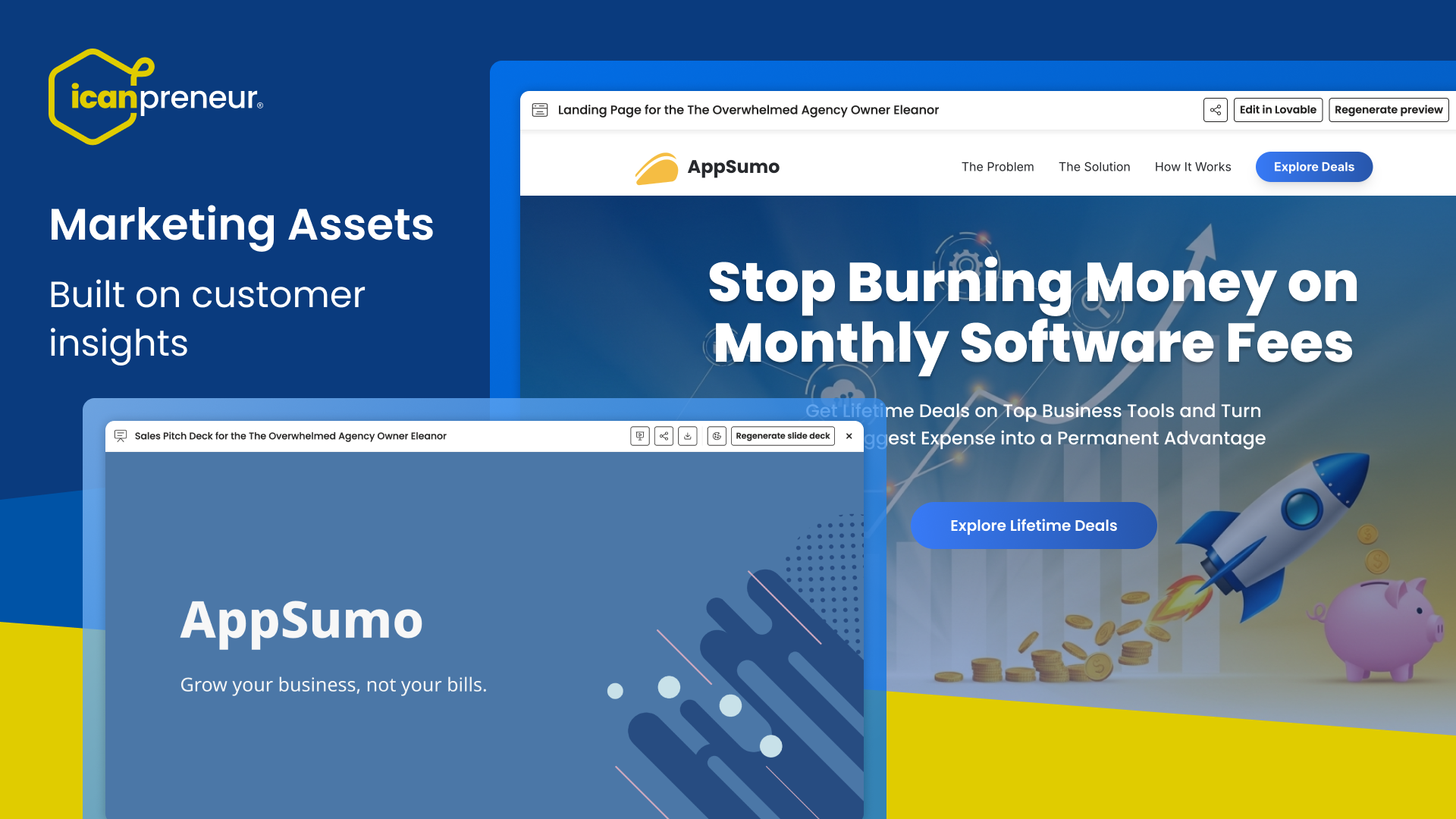 Icanpreneur marketing assets showing landing page and pitch deck