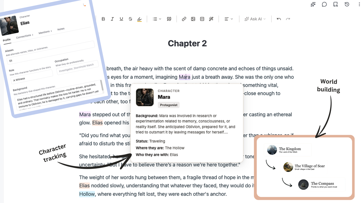 Track every character, location, and detail as you write