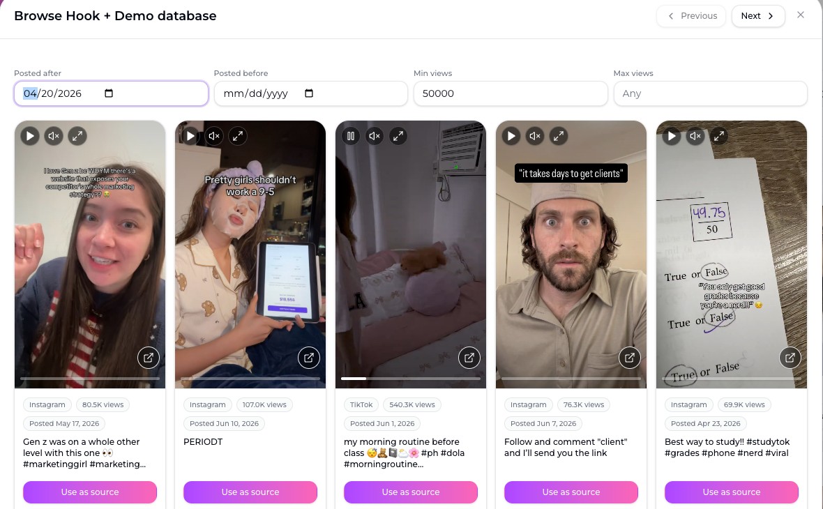 Browse a database built on real viral content