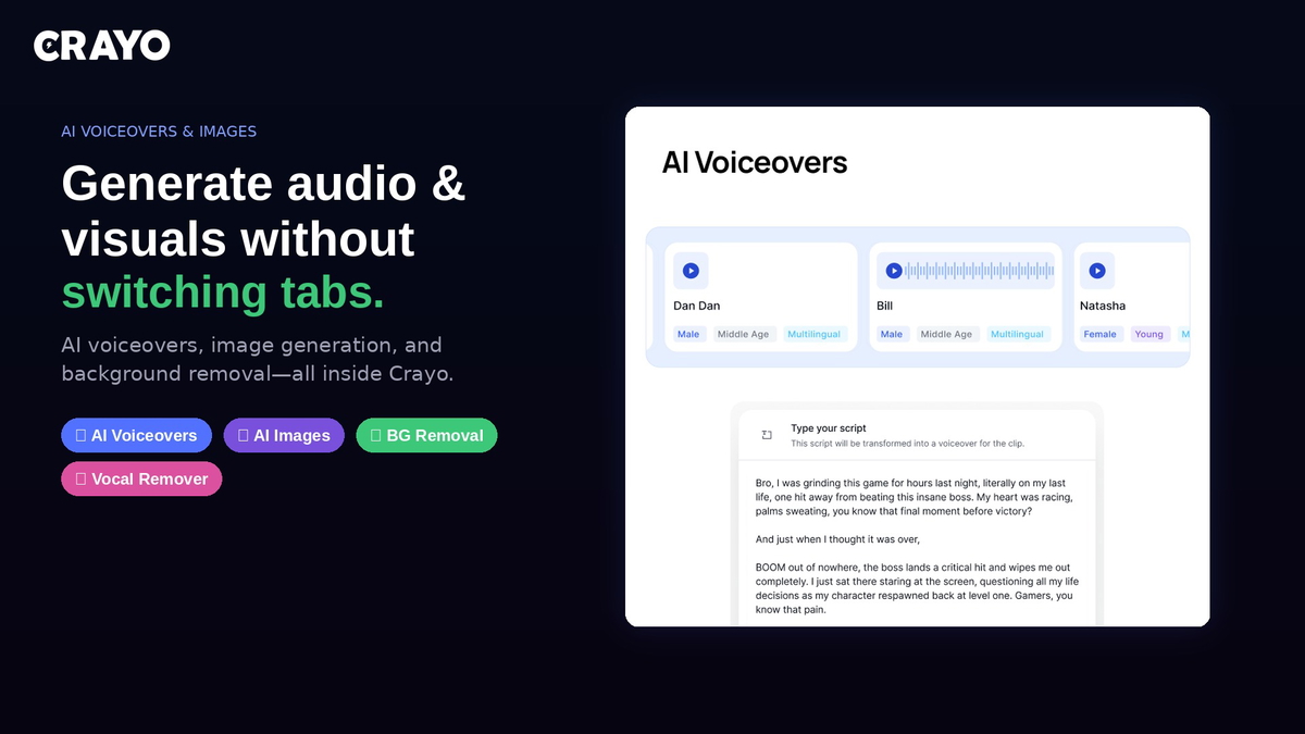 Generate voiceovers and visuals in-app