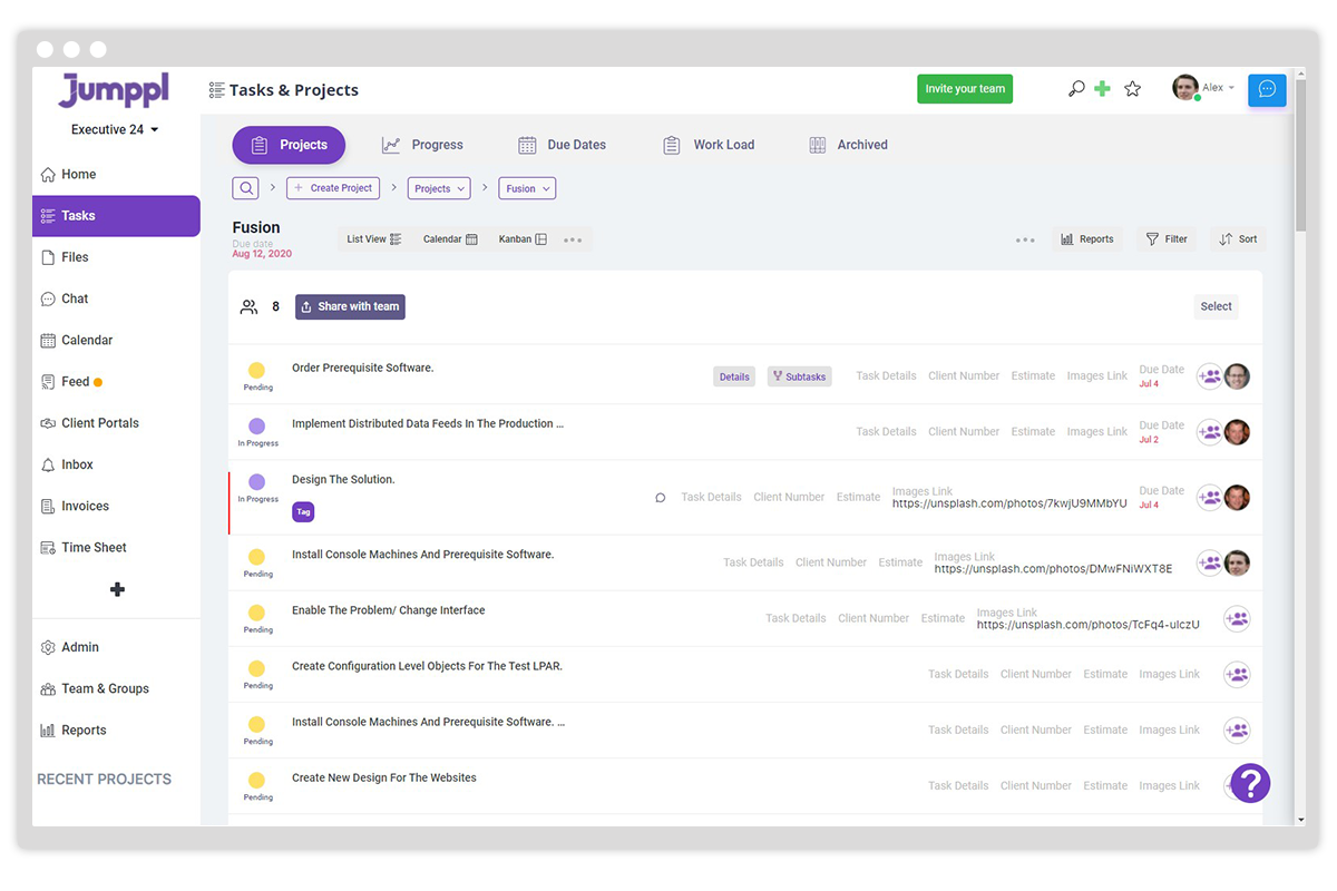 Tasks and project dashboard