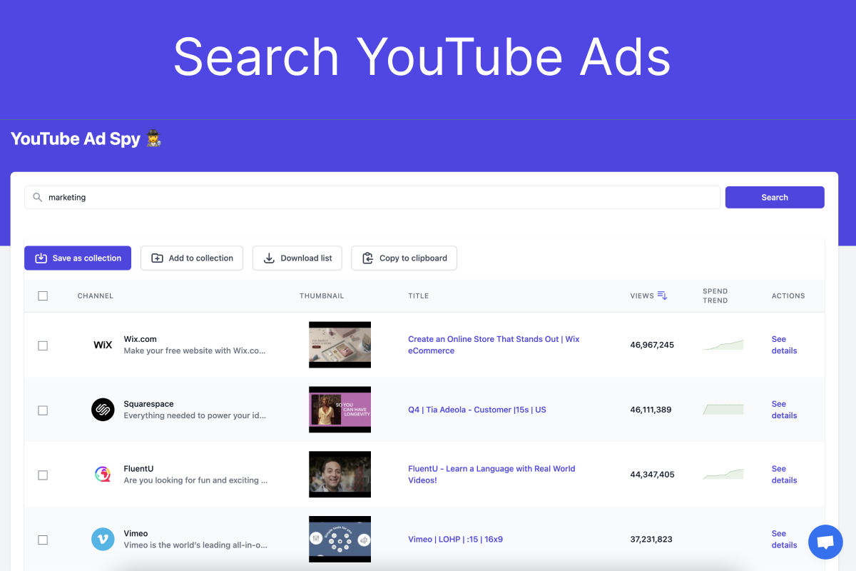 YouTube ads search results