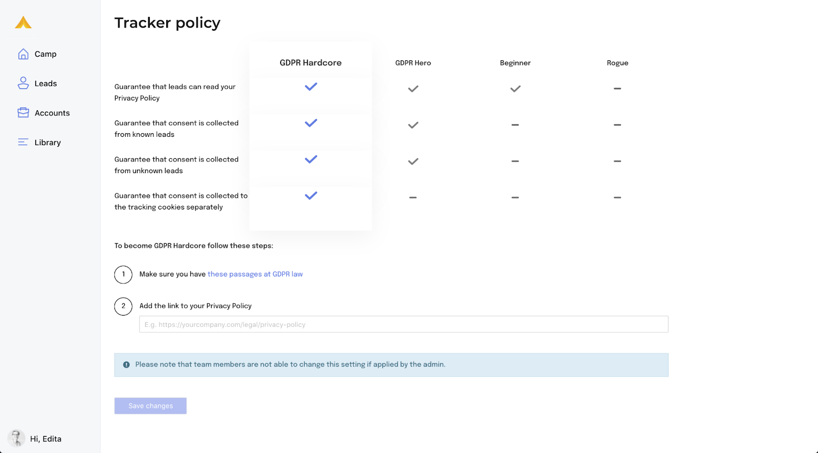 GDPR/CCPA settings