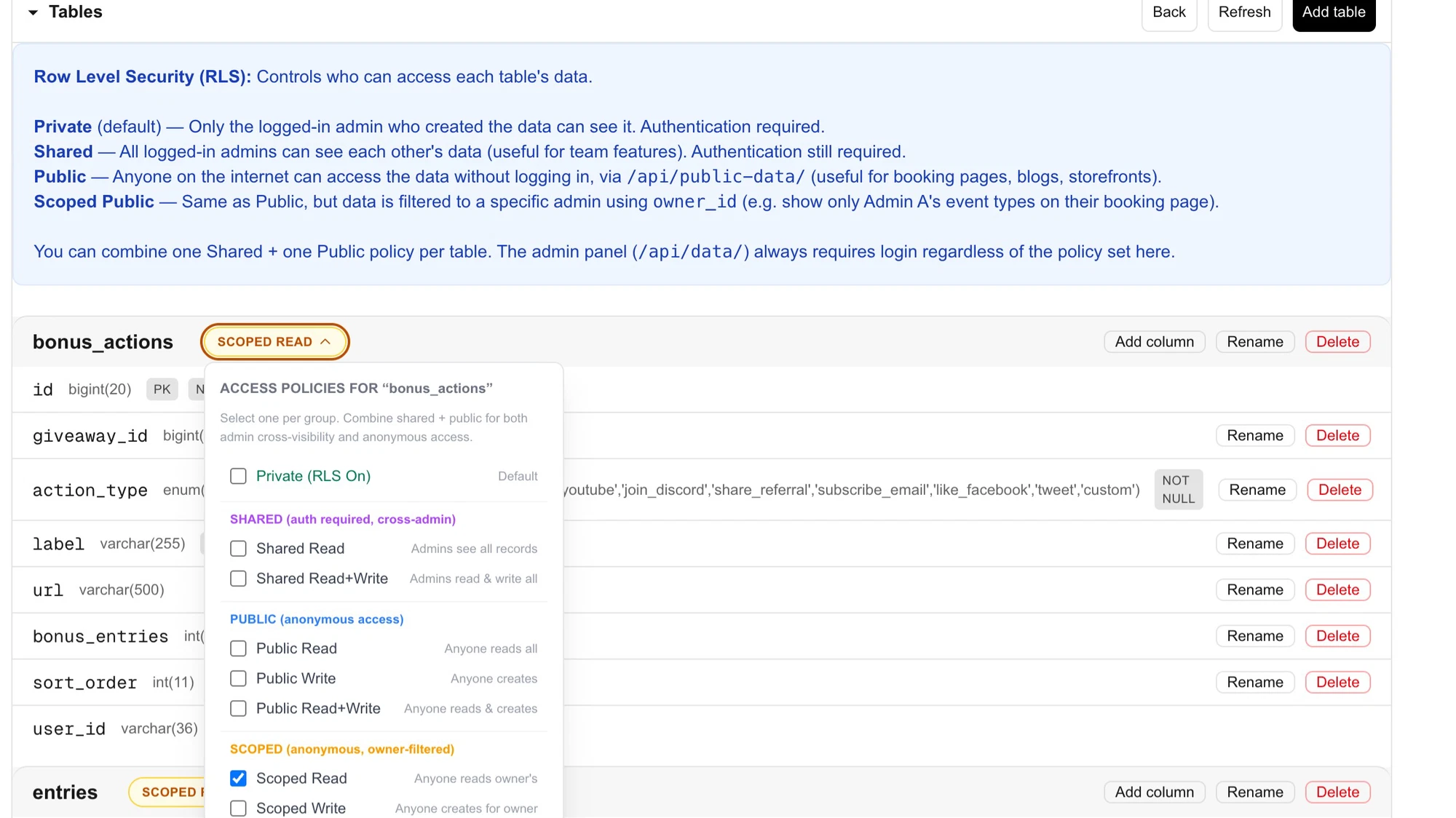 NoCodeBackend generated API documentation interface